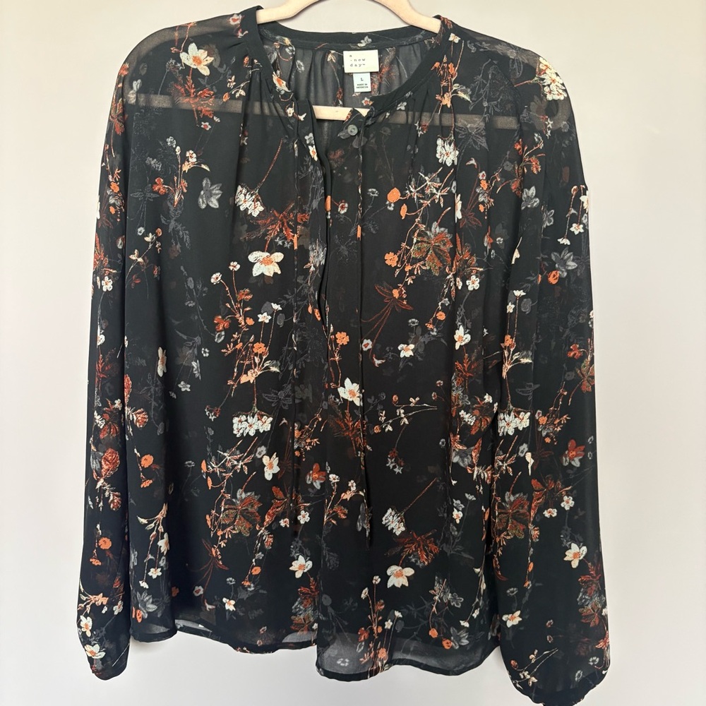 A New Day Black Floral Sheer Blouse Long Sleeve Button Neck Top Womens Large